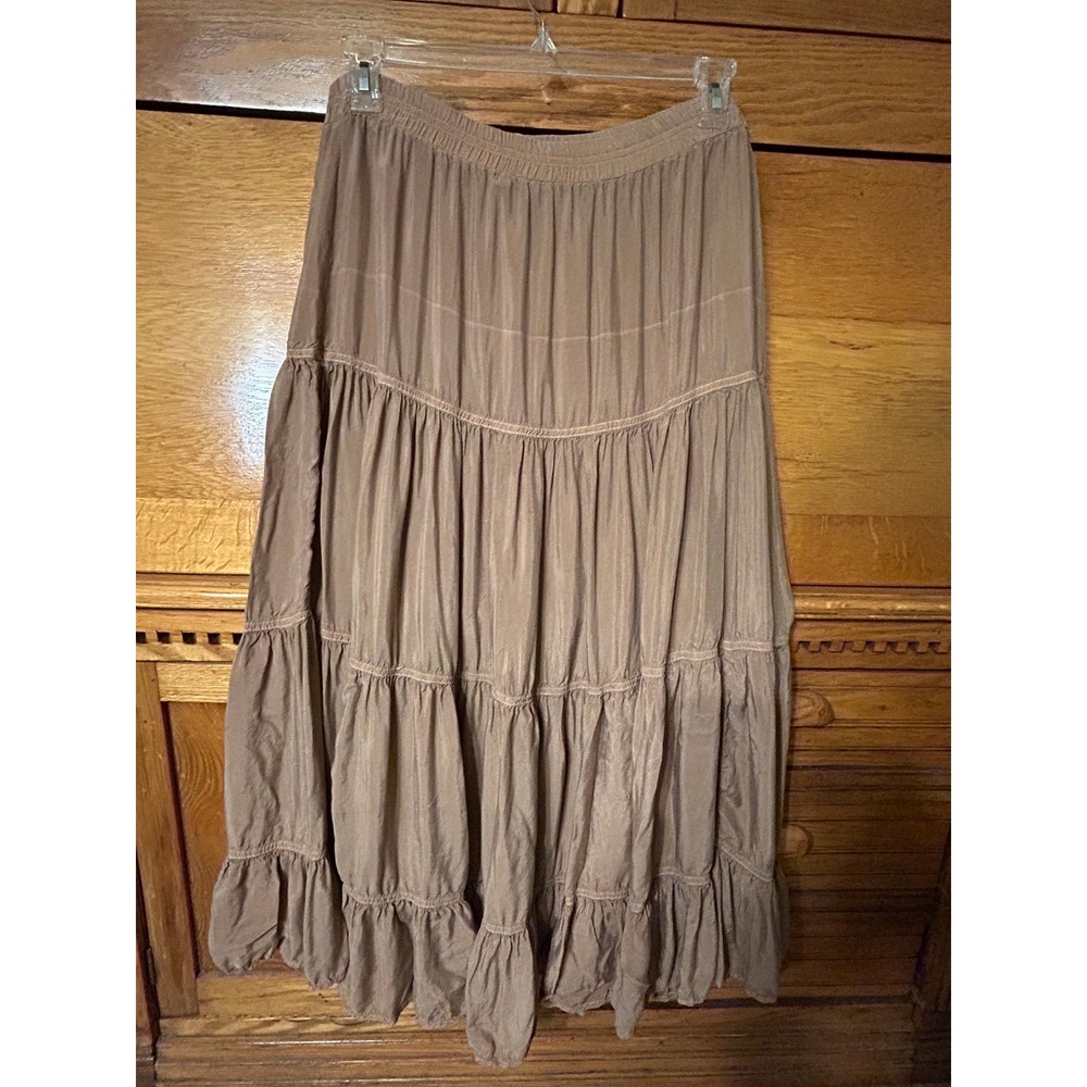 Tranero Boho Chic Peasant Fesitval Flowy Tiered Maxi Skirt Med Taupe Brown USA